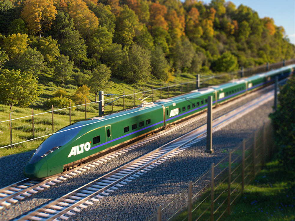 A 3D render of an Alto High-Speed Train on rails, travelling in a forest landscape.